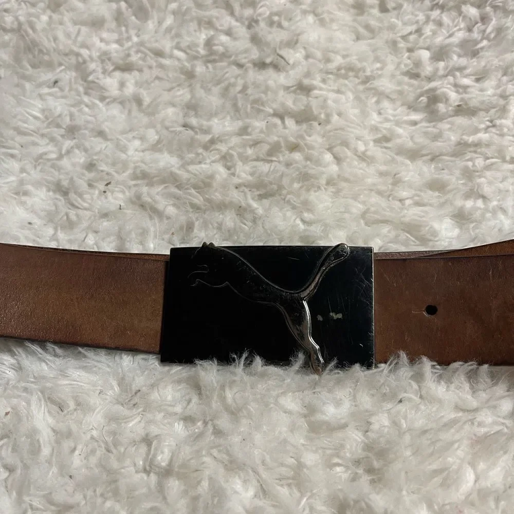 Puma Brown Leather Belt with silver tone Buckle women’s Size Large.